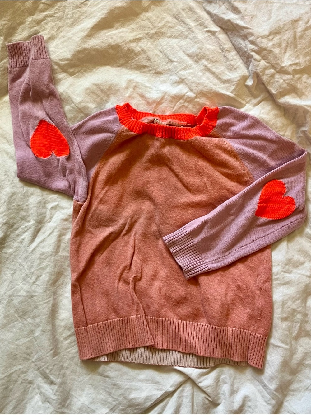 Crewcuts Pink and Lavender Raglan Sweater with Coral Heart Elbows